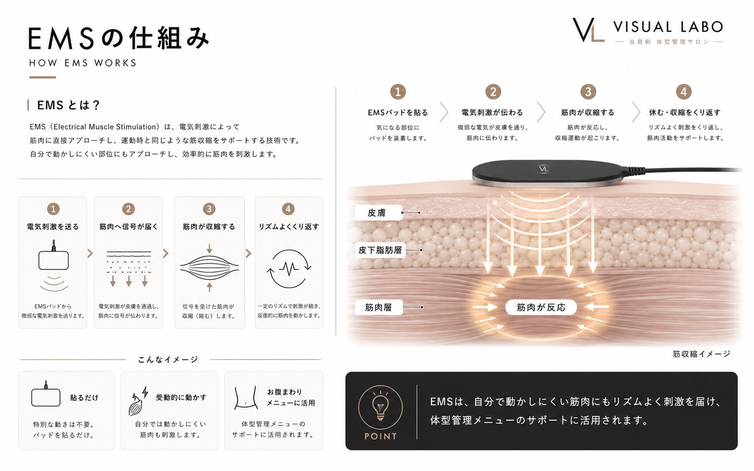 HYPER EMSの仕組み|電気刺激で筋肉が収縮するイメージ