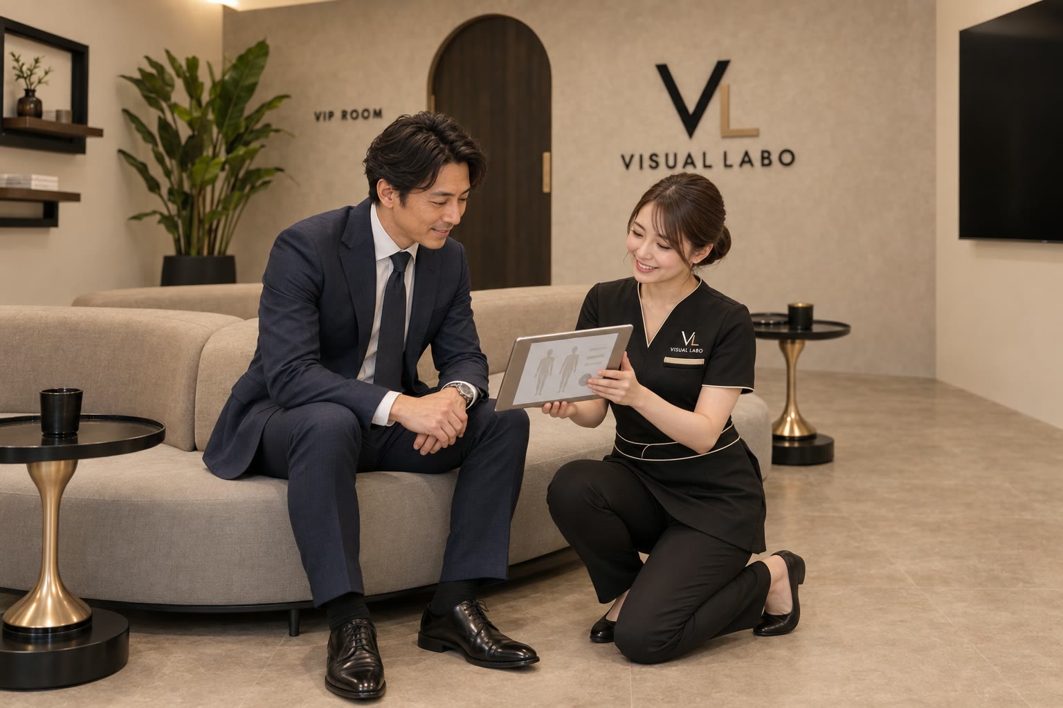 VISUAL LABO 新橋店の待合ラウンジで、制服の女性スタッフがお客様へiPadを見せながら行うカウンセリングイメージ