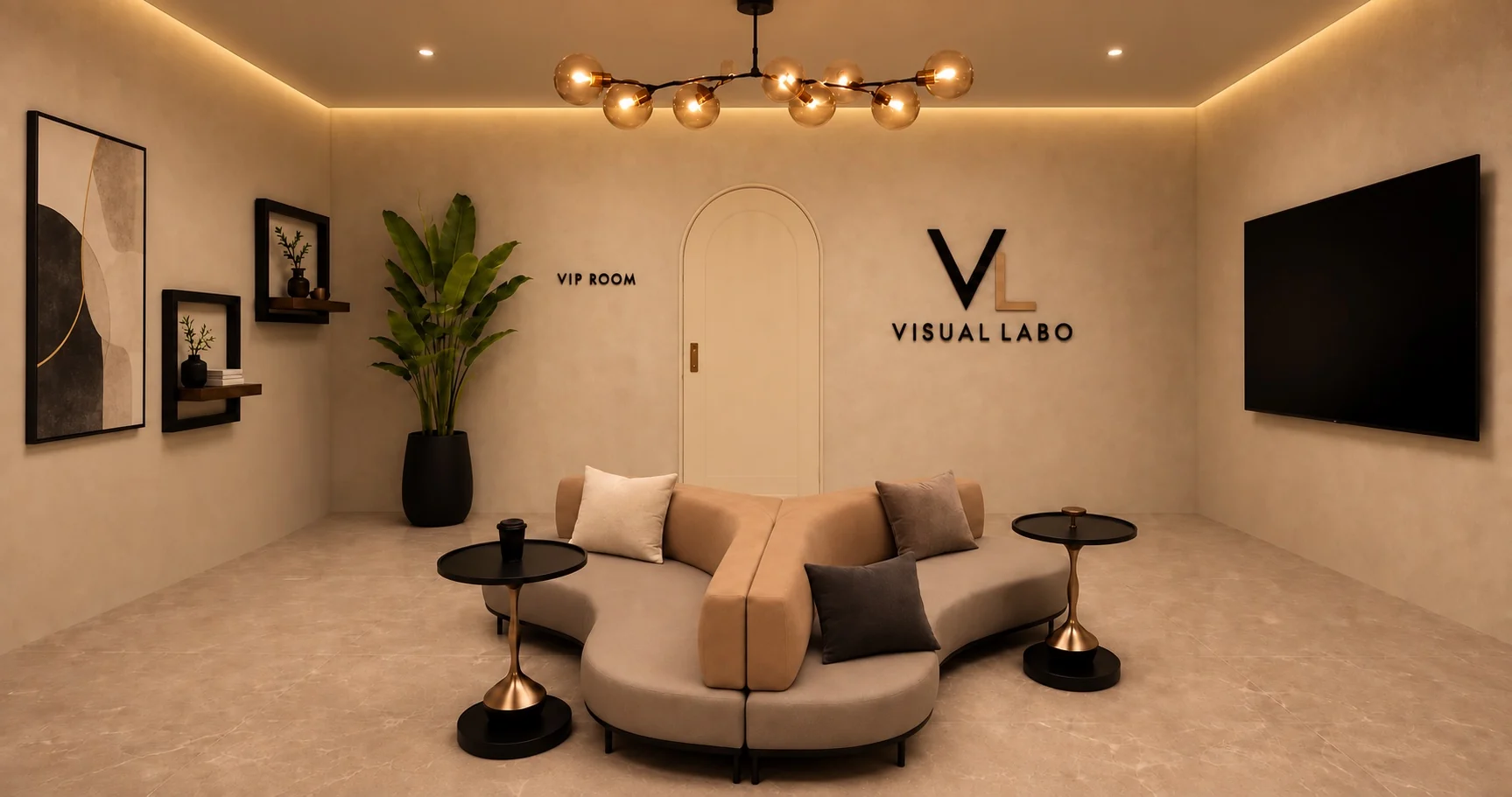 VISUAL LABO 新橋店の待合ラウンジ|VIP ROOMへ続く扉