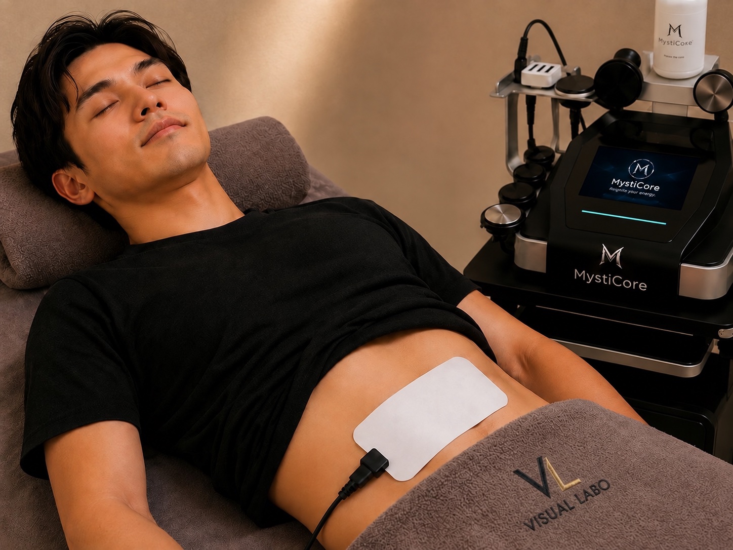 MOVE｜腹部にEMSパッドを装着し、MystiCoreで横になって施術を受ける男性のイメージ