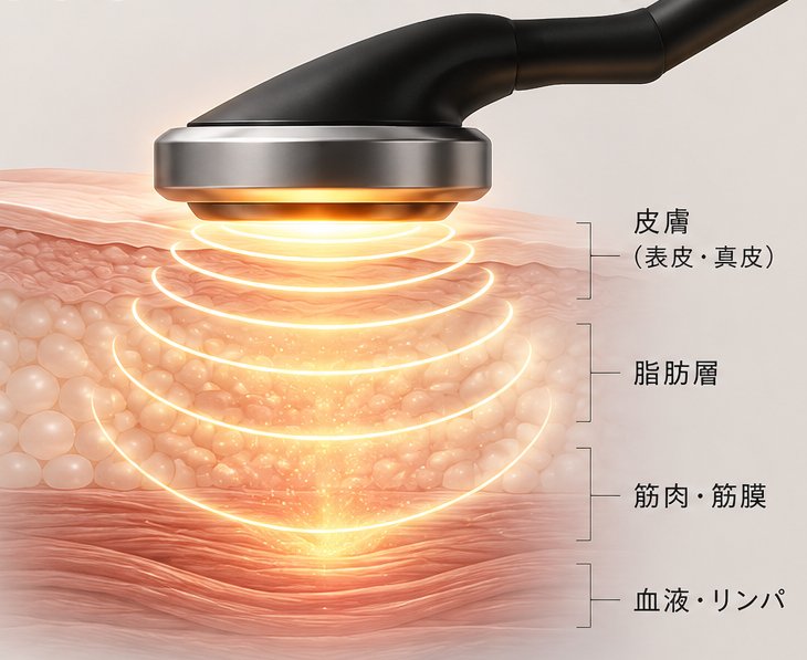 高周波プローブが体の内側を温めるイメージ|皮膚(表皮・真皮)・脂肪層・筋肉・筋膜・血液・リンパの断面図