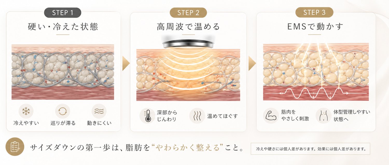 まず“やわらかく整える”ことから|STEP1 硬い・冷えた状態(冷えやすい・巡りが滞る・動きにくい)→STEP2 高周波で温める(深部からじんわり・温めてほぐす)→STEP3 HYPER EMSで動かす(筋肉をやさしく刺激・体型管理しやすい状態へ)|まずは“やわらかく整える”こと。※冷えや硬さ・効果には個人差があります
